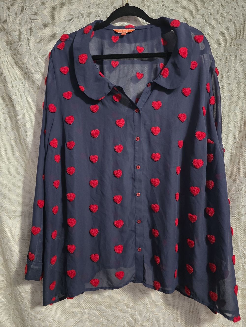 Modcloth Navy Blue Sheer Blouse with Red Heart Appliqués